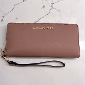 Michael Kors Leather Continental Wristlet Jet Set Travel Wallet Dusty Rose